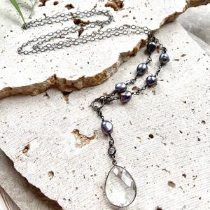 Crystal and pearl long necklace